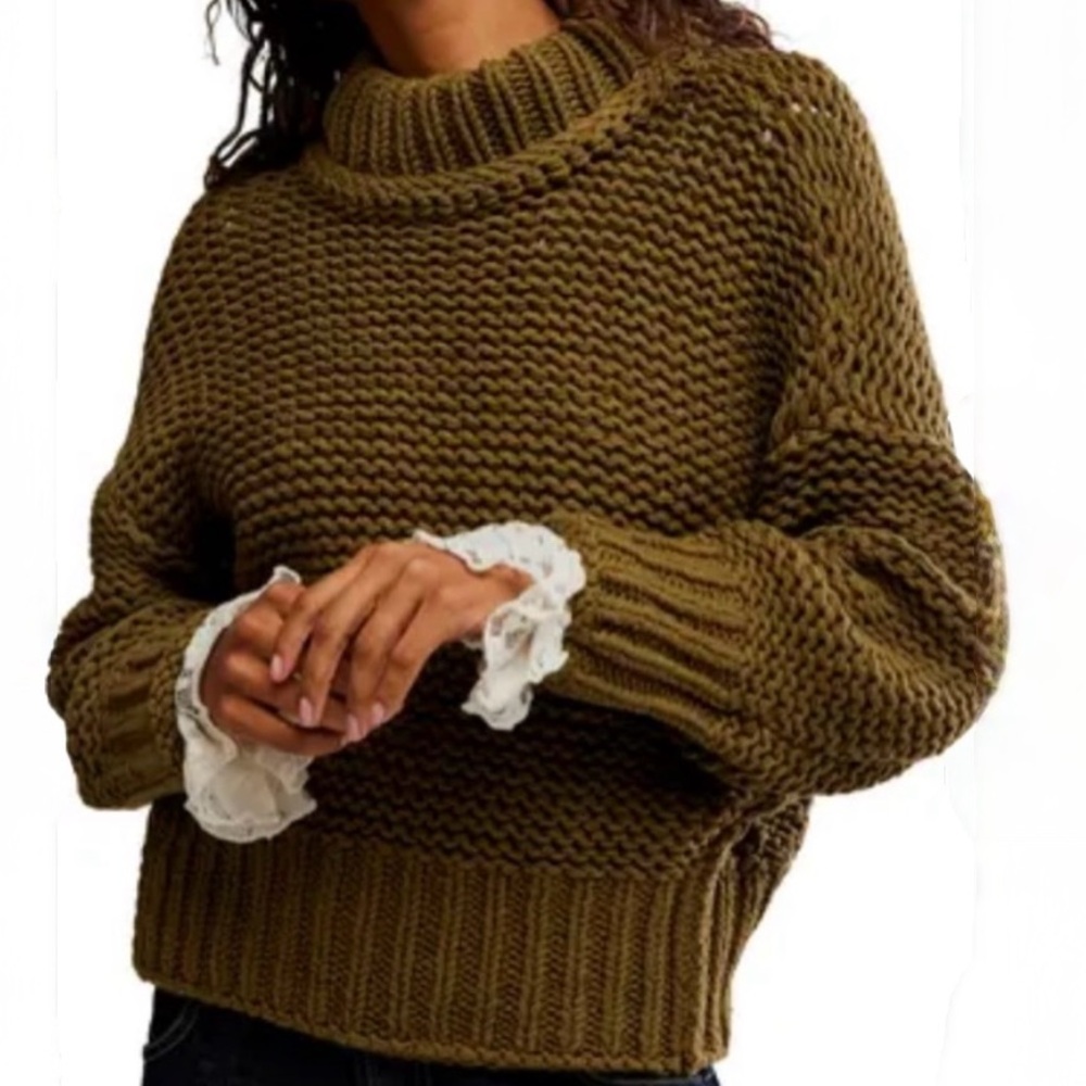 Free People My Only Sunshine Chunky Knit Olive Green (oregano) Sweater size L